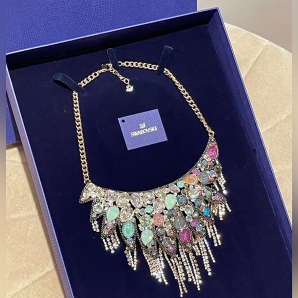 New Swarovski Golden Half Moon Necklace. Multicolor crystals necklace. NEW - Picture 1 of 10